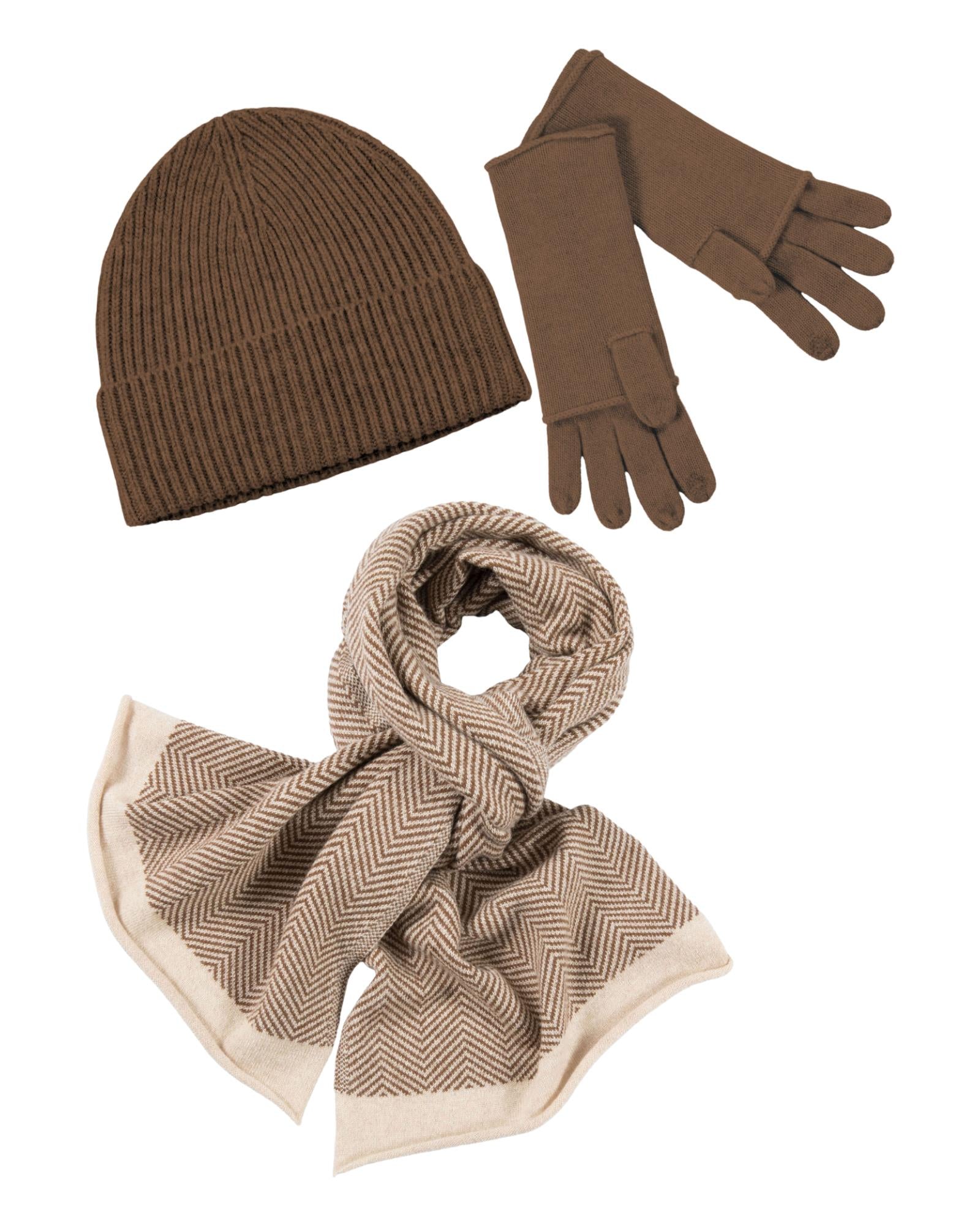 (image for) Kaschmir-Mütze, hoch, Handschuh + Schal mit Fischgrät-Muster - Mink Online Kaufen Günstig
